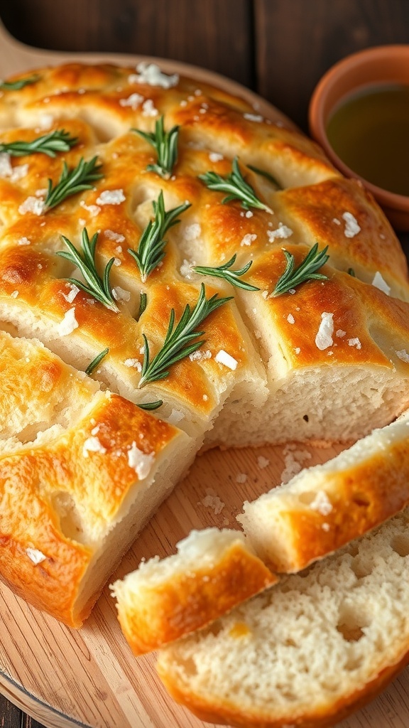 Freshly baked focaccia bread topped with rosemary and sea salt, sliced on a wooden board with olive oil.